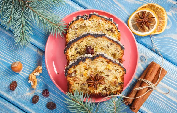 Branches, holiday, lemon, new year, coffee, cinnamon, cakes, decor