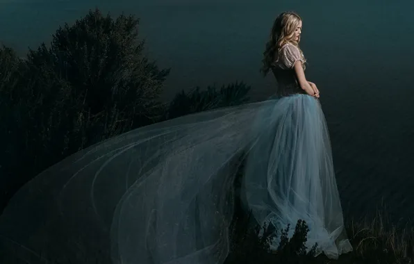 Girl, pose, shore, dress, blonde, is, Princess, the bushes