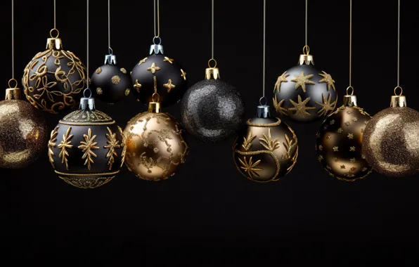 Picture background, balls, New Year, Christmas, golden, new year, happy, black