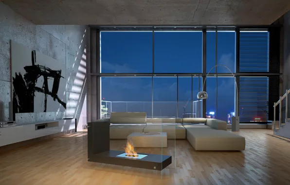 Design, style, room, interior, living room, Loft, loft, Bio Fireplace in Living Room