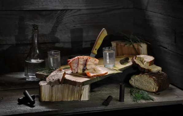 Dill, bread, meat, still life, vodka