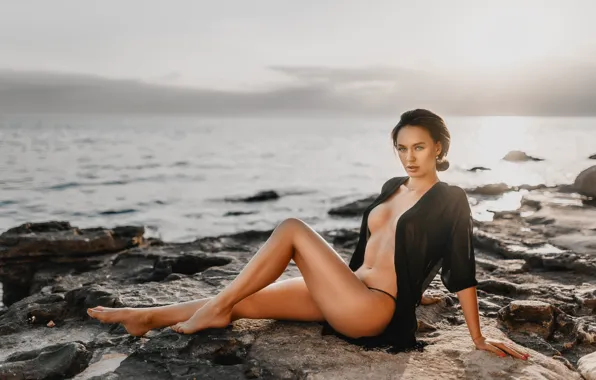 Sea, chest, the sun, landscape, sexy, pose, stones, model