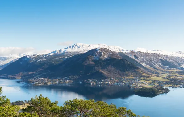Trees, mountains, shore, home, Norway, panorama, Bay, Uskedal