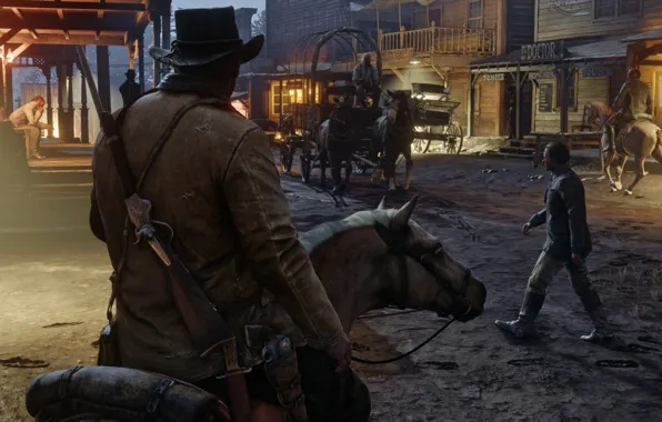The city, gun, horse, hat, coach, cowboy, the gun, revolver