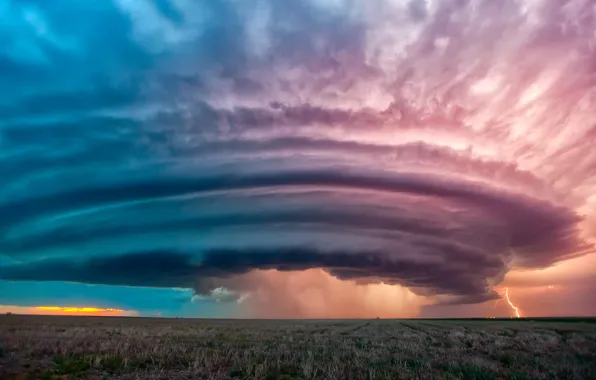 Field, clouds, clouds, storm, lightning, USA, Central Kansas