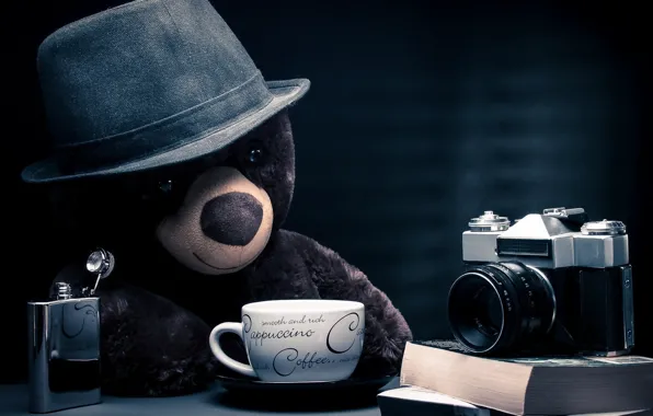 Picture fantasy, bear, hat, photographer, camera, blue background, coffee, teddy bear
