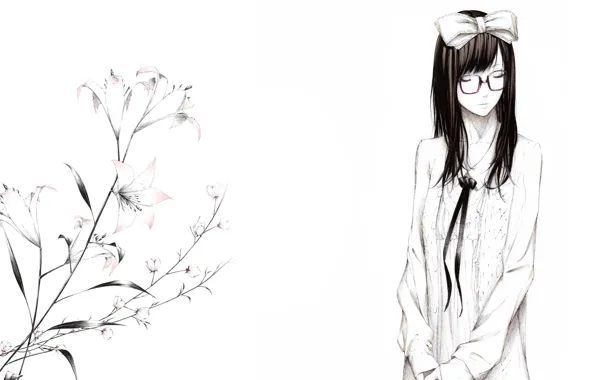 Flowers, figure, Lily, Girl, glasses, bow, art, Sawasawa