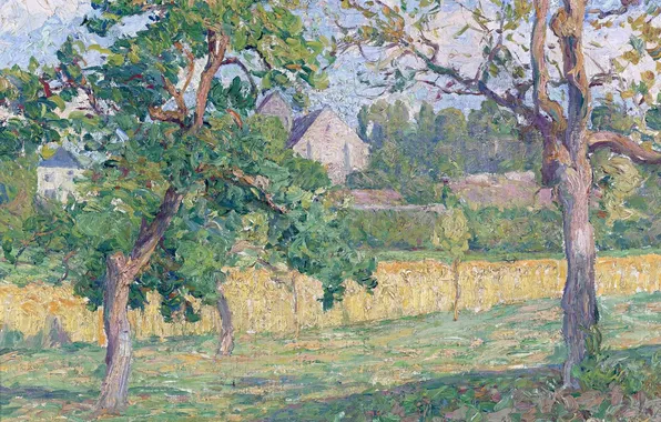 Field, trees, house, picture, Henri Lebacq, Rural landscape