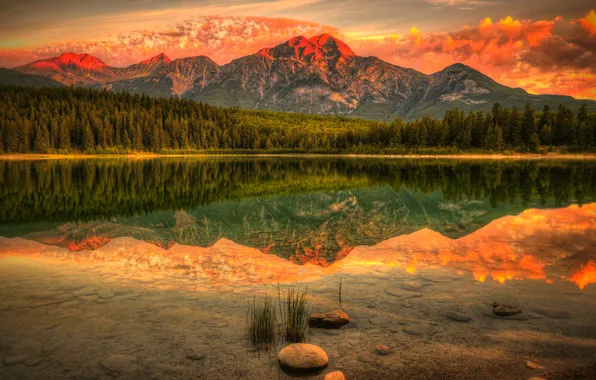 Picture forest, the sky, water, clouds, reflection, lake, Mountains