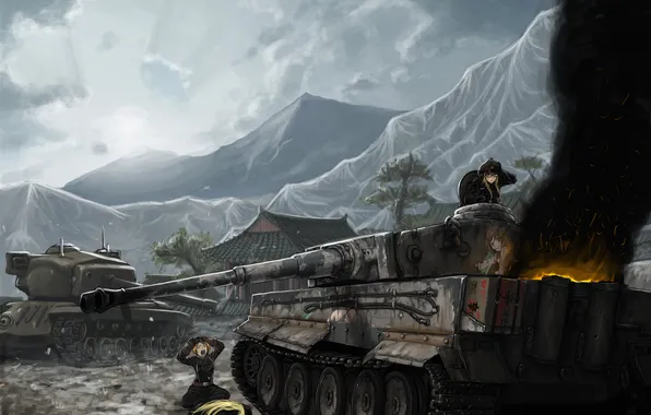Mountains, smoke, Tiger, tanks, world of tanks, burns, the crew, girls and panzer