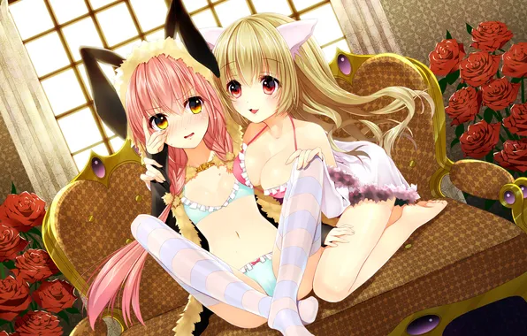 Chest, flowers, sofa, roses, stockings, two girls, long hair, ecchi