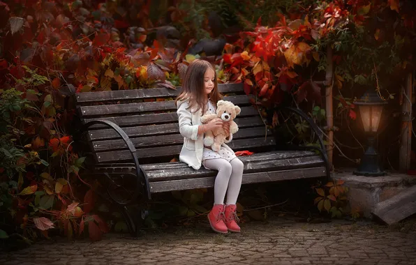 Autumn, bench, toy, bear, girl, Anastasia Barmina