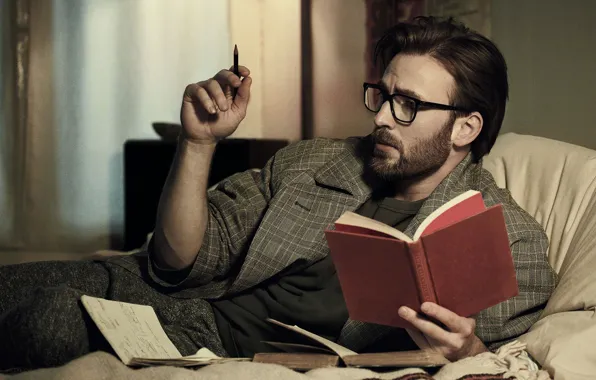 Glasses, book, male, Chris Evans, For Esquire