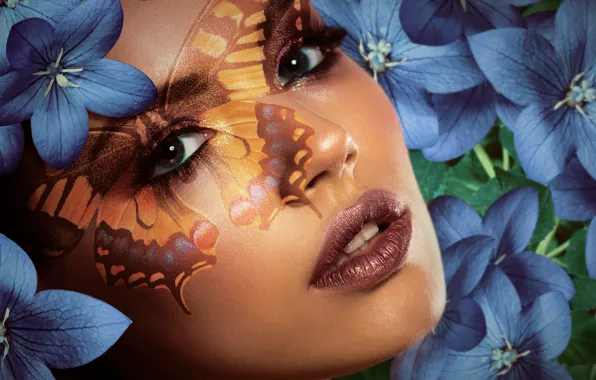 Picture look, girl, flowers, blue, face, butterfly, portrait, beauty