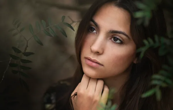 Leaves, girl, face, the dark background, portrait, brunette, beautiful