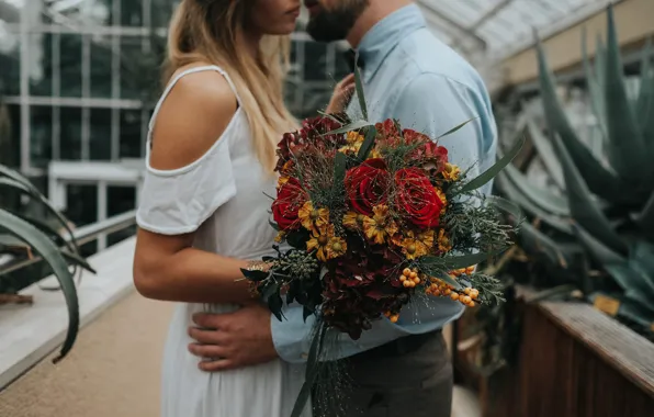Girl, roses, kiss, bouquet, hugs, male, lovers