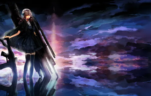 Picture the sky, water, girl, the sun, clouds, sunset, reflection, weapons