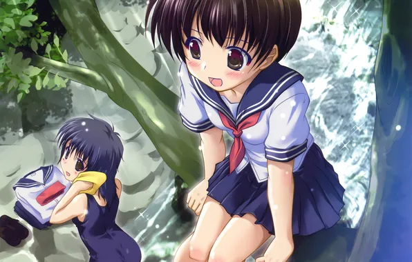 Picture water, nature, river, girls, tree, branch, anime, art