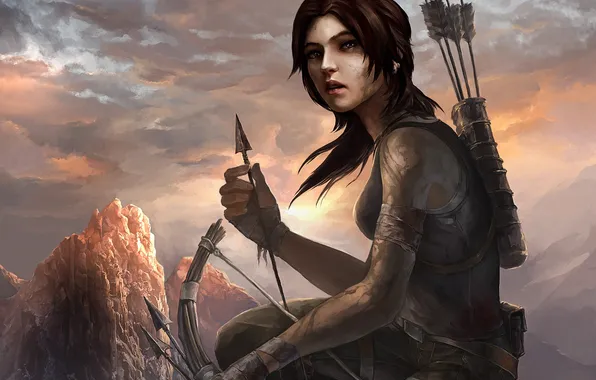 Picture girl, mountains, bow, art, Tomb Raider, arrows, Lara Croft