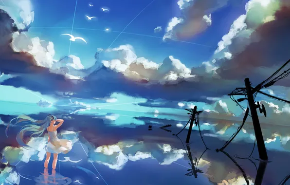 The sky, water, girl, clouds, birds, reflection, wire, art