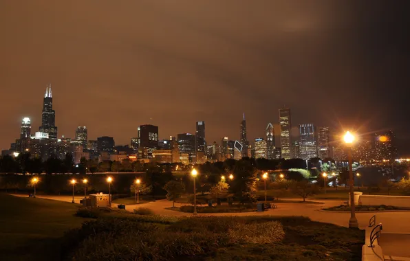 Night, lights, Park, skyscrapers, lights, America, Chicago, Chicago