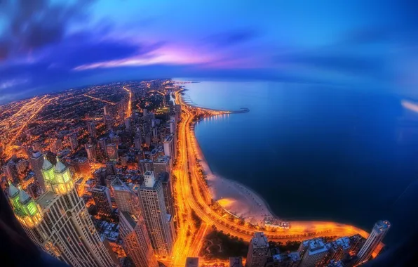 Sea, night, lights, coast, building