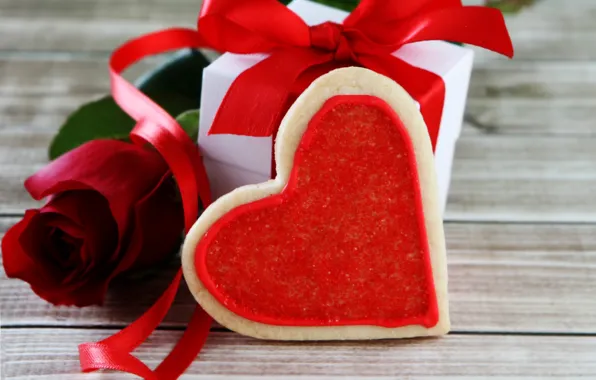 Picture flowers, red, box, gift, heart, roses, bow, Valentine's day