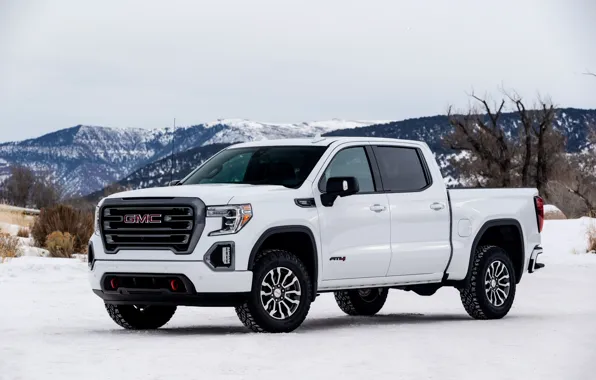 Winter, white, pickup, GMC, Sierra, AT4, 2019
