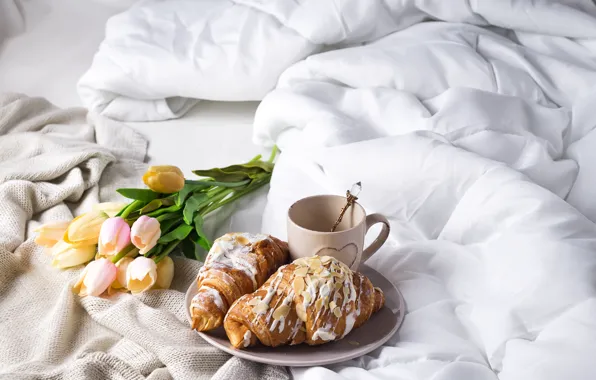 Coffee, Cup, bed, tulips, romantic, tulips, coffee cup, croissants