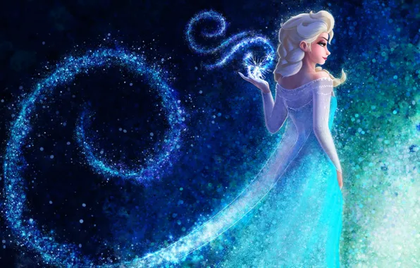 Picture look, snowflakes, cartoon, dress, art, white hair, Queen Elsa Frozen