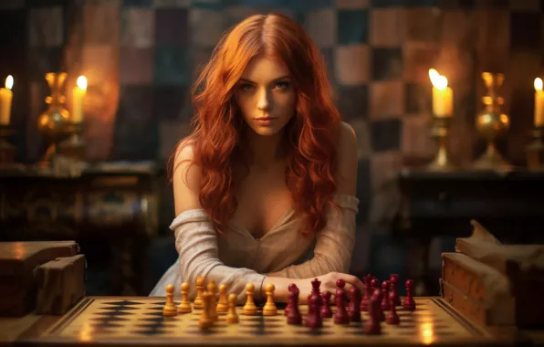 Look, chess, dress, red, redhead, long hair, long hair, redhead