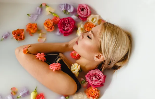 Picture girl, flowers, face, pose, mood, roses, the situation, bath