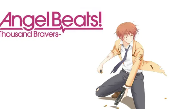 Gun, cartridges, on my knees, torn clothes, bruises, Angel Beats!, student, Yuzuru Otonashi