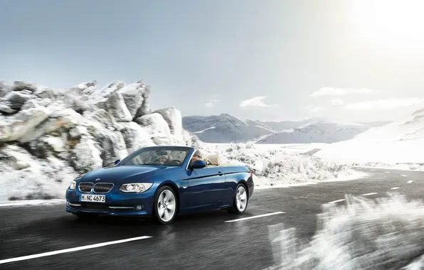 Winter, road, snow, BMW, speed, convertible