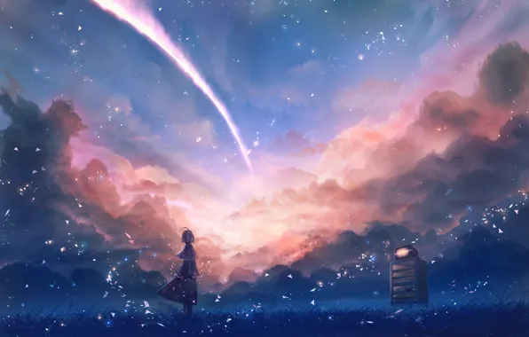 The sky, girl, fantasy, meadow, machine, shooting star, by Sakimori