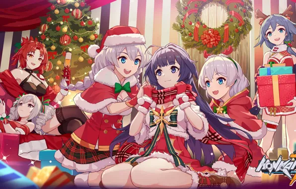 Decoration, girls, the game, tree, new year, Christmas, anime, Honkai Impact 3rd
