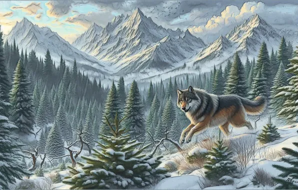 Forest, mountains, jump, the slopes, wolf, running, AI art, neural network