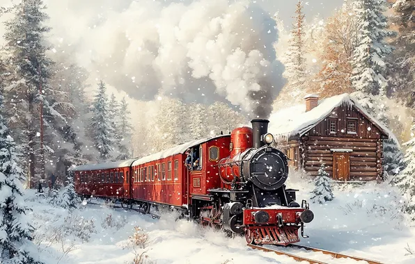 Winter, frost, forest, snow, red, smoke, train, the engine