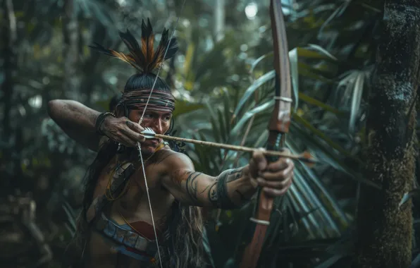 Feathers, Warrior, Bow, Maya, Jungle, Male, Arrow, Digital art