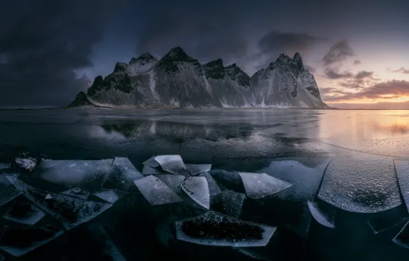 Winter, mountains, rocks, shore, ice, ice, Iceland, pond