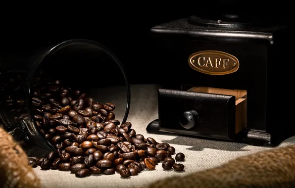 Coffee, mug, coffee beans, coffee grinder