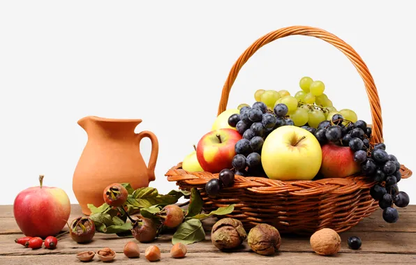 Basket, apples, briar, grapes, pitcher, fruit, nuts
