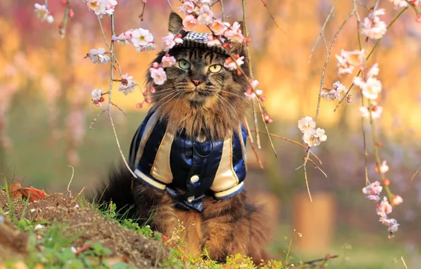 Flowers, Sakura, Cat, costume, sitting