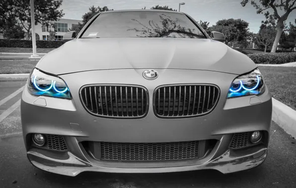 Wallpaper bmw, blue, gray, angel eyes, headlight for mobile and