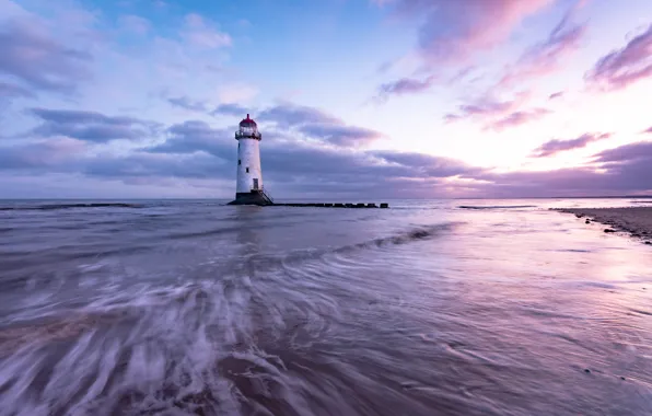 Sea, shore, lighthouse, England, the evening, surf
