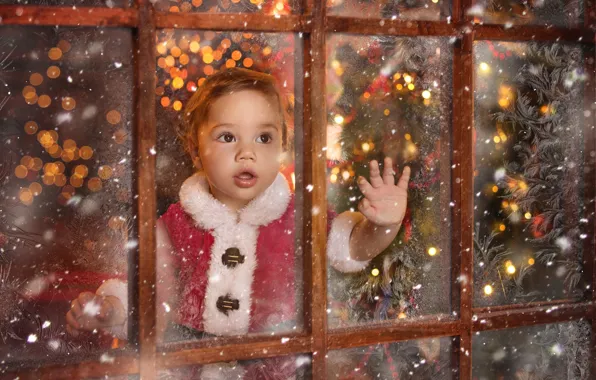 Picture mood, holiday, window, frost, New year, child, little Santa