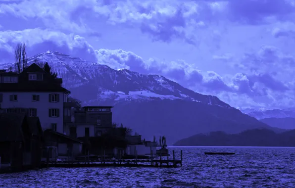 The sky, Water, Clouds, Mountains, River, Snow