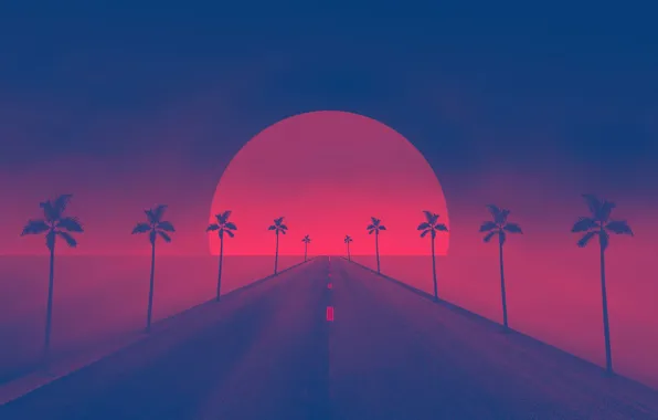 Sunset, The sun, Road, Palm trees, Synthpop, Darkwave, Synth, Retrowave