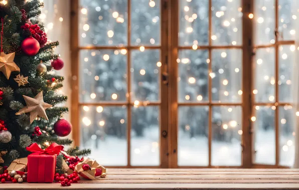 Decoration, background, balls, tree, Christmas, gifts, New year, new year