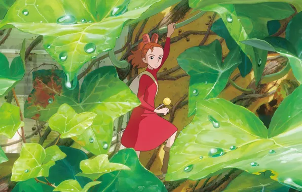 Leaves, drops, fantasy, girl, Arrietty, Karigurashi no Arrietty